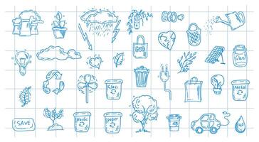 Set of ecology on the background of a checkered notebook sheet. Hand drawn design vector illustration. Ecology problem, recycling and green energy blue contour icons in doodle style.