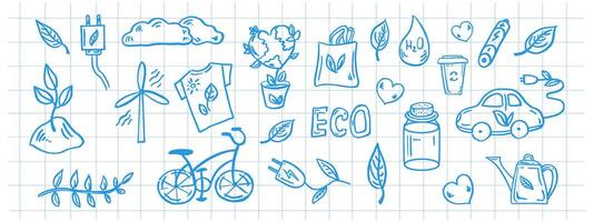 Set of ecology on background of checkered notebook sheet. Hand-drawn doodle vector illustration. Ecology problem, recycling blue icons. Environmental symbols.