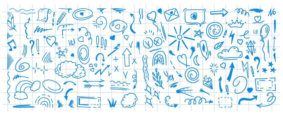 Simple sketch line style elements. Doodle cute ink pen line elements isolated on background of checkered notebook sheet. Doodle arrow, heart, star, decoration symbol, blue icon set.