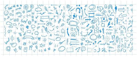 Simple sketch line style elements. Doodle cute ink pen line elements isolated on background of checkered notebook sheet. Doodle arrow, heart, star, decoration symbol, blue icon set. vector
