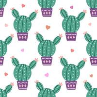 Hand-drawn vector seamless pattern of cactus. Flat style illustration of spiny plant, blooming cactus, succulent plant in colorful ceramic pot. Home plant, mexico cactus flower.