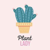 Hand-drawn vector postcard of cactus with calligraphy, lettering. Graphic design in flat style, prickly plant, blooming cactus, succulent plant in colorful ceramic pot, typography element. House plant