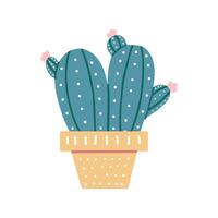 Hand-drawn vector cactus isolated on white background. Flat style illustration of spiny plant, blooming cactus, succulent plant in colorful ceramic pot. Home plant, mexico cactus flower.