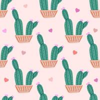Hand-drawn vector seamless pattern of cactus. Flat style illustration of spiny plant, blooming cactus, succulent plant in colorful ceramic pot. Home plant, mexico cactus flower.