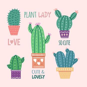 dibujado a mano vector cactus conjunto con caligrafía, letras. plano estilo gráfico diseño de espinoso plantas, floreciente cactus, suculento plantas en vistoso cerámico ollas. hogar plantas, mexico cactus, bandera