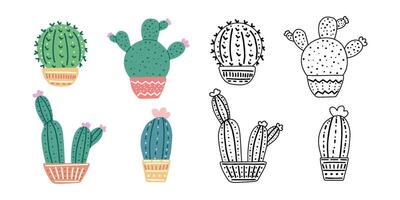 A set of hand-drawn outline and colored vector cacti isolated on white background. Doodle and flat style illustrations of spiny plants, blooming cactus, succulent plants in pots. Home plants.