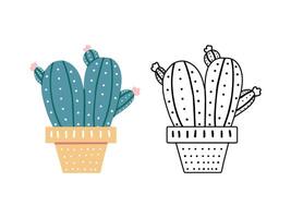 A set of hand-drawn outline and colored vector cacti isolated on white background. Doodle and flat style illustrations of spiny plants, blooming cactus, succulent plants in ceramic pots. Home plants