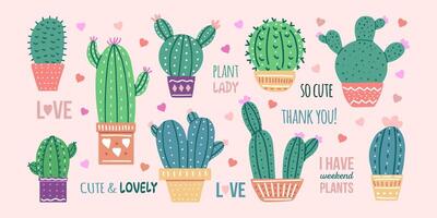 dibujado a mano vector cactus conjunto con caligrafía, letras. plano estilo gráfico diseño de espinoso plantas, floreciente cactus, suculento plantas en vistoso cerámico ollas. hogar plantas, mexico cactus, bandera