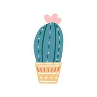 Hand-drawn vector cactus isolated on white background. Flat style illustration of spiny plant, blooming cactus, succulent plant in colorful ceramic pot. Home plant, mexico cactus flower.