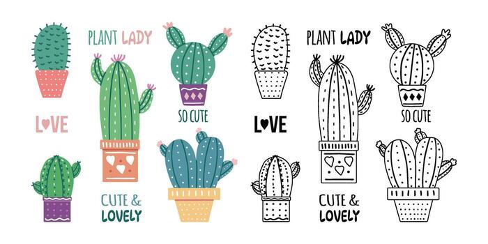 dibujado a mano vector cactus conjunto con caligrafía, letras. contorno garabatear y plano de colores gráfico diseño de espinoso plantas, floreciente cactus, suculento plantas en vistoso cerámico ollas. hogar plantas