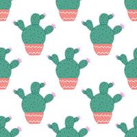 Hand-drawn vector seamless pattern of cactus. Flat style illustration of spiny plant, blooming cactus, succulent plant in colorful ceramic pot. Home plant, mexico cactus flower.