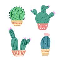 Hand-drawn vector cacti set isolated on white background. Flat style illustration of spiny plants, blooming cacti, succulent plants in colorful ceramic pots. Home plants, mexico cactus flower.