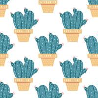 Hand-drawn vector seamless pattern of cactus. Flat style illustration of spiny plant, blooming cactus, succulent plant in colorful ceramic pot. Home plant, mexico cactus flower.