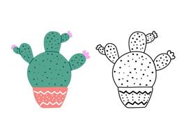 A set of hand-drawn outline and colored vector cacti isolated on white background. Doodle and flat style illustrations of spiny plants, blooming cactus, succulent plants in ceramic pots. Home plants