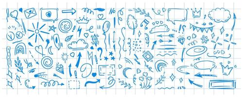 Simple sketch line style elements. Doodle cute ink pen line elements isolated on background of checkered notebook sheet. Doodle arrow, heart, star, decoration symbol, blue icon set. Vector