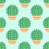 Hand-drawn vector seamless pattern of cactus. Flat style illustration of spiny plant, blooming cactus, succulent plant in colorful ceramic pot. Home plant, mexico cactus flower.