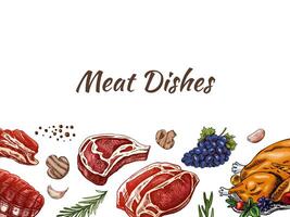 Meat and vegetables menu template in engraved vintage style. Hand-drawn colored, sketches of barbecue meat pieces with herbs and seasonings. Background for meat restaurant. vector