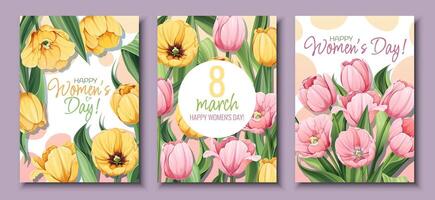 conjunto de saludo tarjetas para internacional mujer s día. póster con amarillo y rosado tulipanes para marzo 8vo. vector modelo con primavera ramo de flores