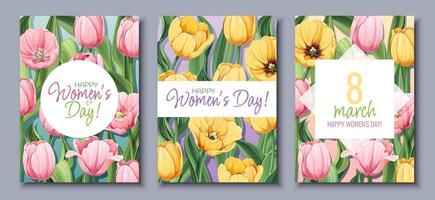 Set of Greeting Cards for International Women s Day. Poster with yellow and pink tulips for March 8th. Vector template with spring bouquet