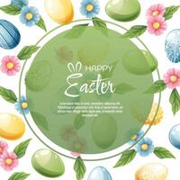 Background with Easter eggs and flowers. Postcard, banner for Easter. Spring time. Frame with colorful eggs. vector