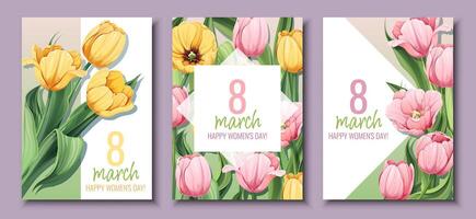 Set of Greeting Cards for International Women s Day. Poster with yellow and pink tulips for March 8th. Vector template with spring bouquet