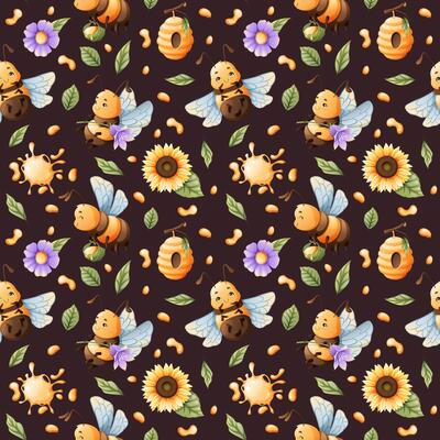 Seamless pattern with honey bees with flowers and honey. Children's fabric design. Summer illustration. Sweet bee floral print.