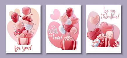 Set of cards for Valentine's Day and Mother's Day. Poster, banner with balloons and gift box. Background with flying helium balloons in the shape of hearts vector
