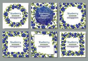 Set of cards with blueberries and green leaves. Frame, background with wild berries. vector