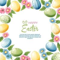 Background with Easter eggs and flowers. Postcard, banner for Easter. Spring time. Frame with colorful eggs. vector