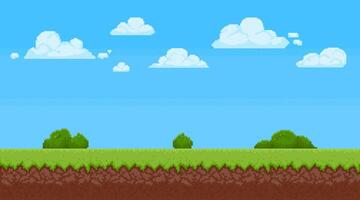 Pixel art landscape. Game background with blue sky, clouds and grass. Summer day scene for 8 bit arcade games. Retro pixelated playing view. Vector illustration