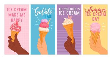 Hands hold ice cream. Cartoon different hand holding wafer cone. Card with arms with colorful gelato and freeze dessert. Summer mood poster. Vector set