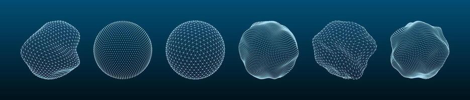 3D shapes mesh. Dotted sphere, line grid globe, stone asteroid wire structure. Polygonal abstract shapes for modern futuristic concept, HUD vector elements