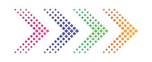 Color halftone arrows. Dotted arrow signs, red, green and blue, orange directional sign. Pointers with round, square and hexagon, diamond pixels. Vector icons
