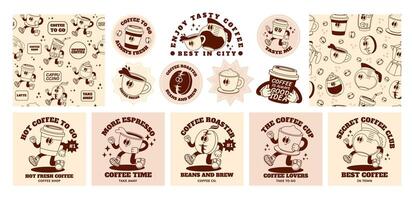 Retro coffee character. Cartoon bar and cafe drinks. Abstract funny espresso sticker, poster with 70s cappuccino cup, trendy seamless pattern with coffee beans. Vector set