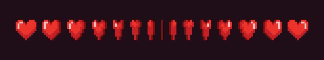 Pixel art heart. Retro hearts rotation for old consoles video game. Cartoon game animated pixeled red icon for arcade game. Object spin vector illustration