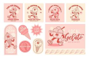Cartoon ice cream. Comic retro happy walking mascot gelato. Vintage funny cone, nice freeze sweets stickers and card. Character ice cream scoop for cafe, shop. Vector set