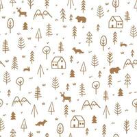 Hand drawn forest pattern. Seamless pattern with winter trees and wood houses, mountain, animals. Doodle print for wrapping paper with pine, christmas tree. Vector background