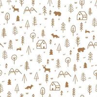 Hand drawn forest pattern. Seamless pattern with winter trees and wood houses, mountain, animals. Doodle print for wrapping paper with pine, christmas tree. Vector background