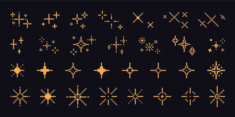 Pixel art stars. Comic 8-bit game space light. Retro decorative night pixelated sparkling elements. Yellow and gold star and glitter for mobile games. Vector set