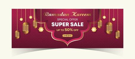 Ramadán kareem web antecedentes súper rebaja bandera con podio para monitor de producto. Ramadán mega grande rebaja promoción póster y social medios de comunicación correo. islámico especial oferta promoción bandera diseño modelo vector