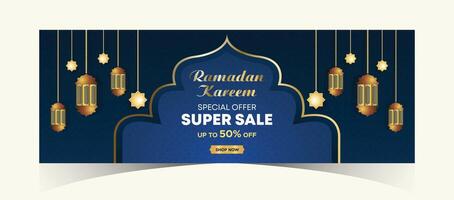 Ramadan Kareem Web Background Super Sale Banner with Podium for Display of product. Ramadan Mega Big Sale Promotion Poster and Social Media Post. Islamic Special Offer Promotion Banner Design Template vector