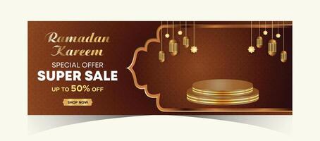 Ramadan Kareem Web Background Super Sale Banner with Podium for Display of product. Ramadan Mega Big Sale Promotion Poster and Social Media Post. Islamic Special Offer Promotion Banner Design Template vector
