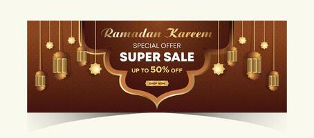 Ramadan Kareem Web Background Super Sale Banner with Podium for Display of product. Ramadan Mega Big Sale Promotion Poster and Social Media Post. Islamic Special Offer Promotion Banner Design Template vector