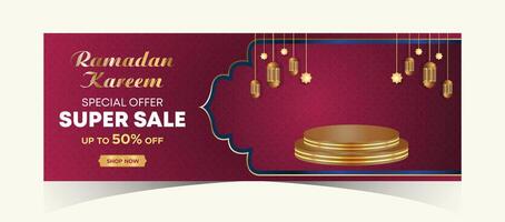 Ramadan Kareem Web Background Super Sale Banner with Podium for Display of product. Ramadan Mega Big Sale Promotion Poster and Social Media Post. Islamic Special Offer Promotion Banner Design Template vector