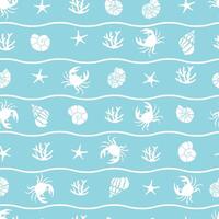 Ocean print with crabs, algae, starfish and shells. Summer seamless pattern vector