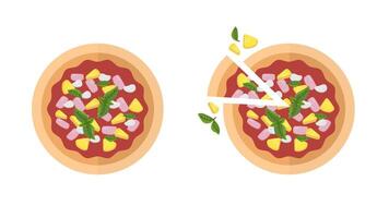 Hawaiian pizza in flat style top view. Slices prosciutto, basil, pineapple, mozzarella vector