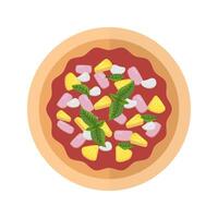 Hawaiian pizza in flat style. Slices prosciutto, ham, basil, pineapple, tomato sauce, mozzarella. Top view Italian pizza. Vector set for culinary book, pizzeria menu.