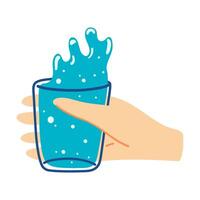 Hand drawn hand holding glass of water. Concept of hydration, drink more water vector