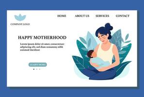 Young woman holding baby. Concept of happy motherhood. Flat modern landing page, maternal and perinatal health. vector