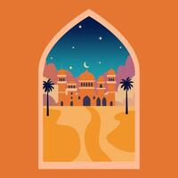 Islamic window with moon, mosque dome and stars. Desert landscape i oriental style, Ramadan month, modern boho design. vector